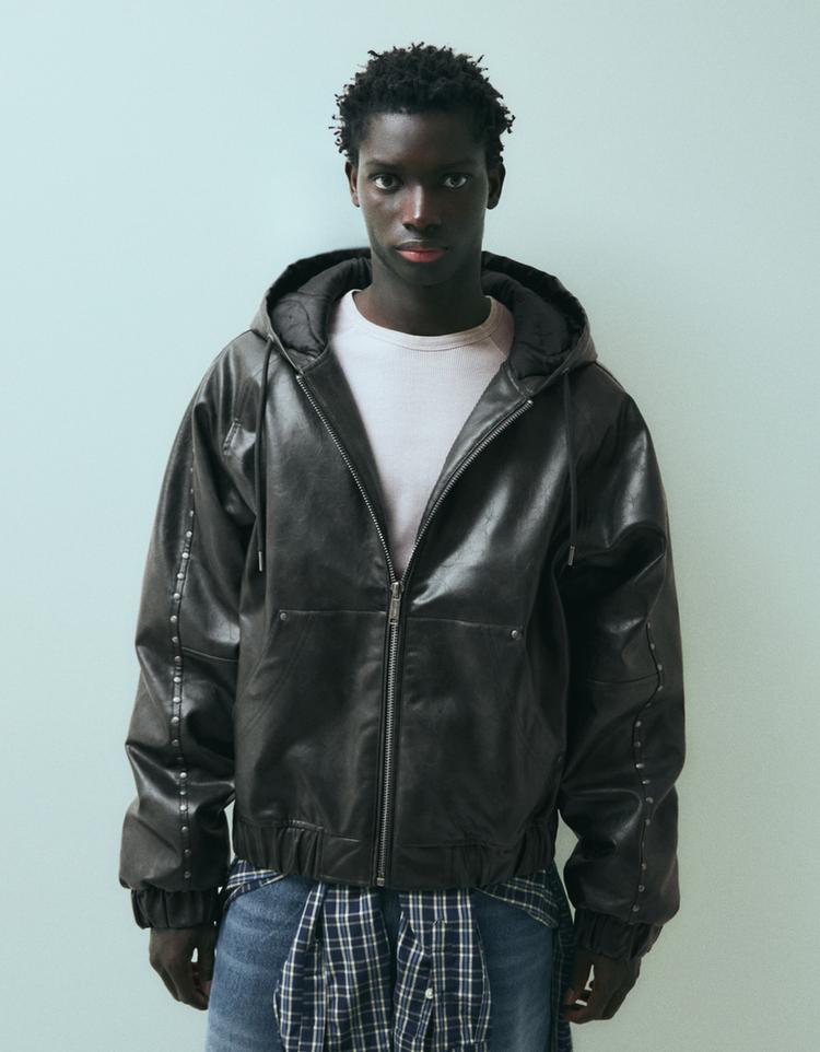 Studded faux leather jacket — Dark grey