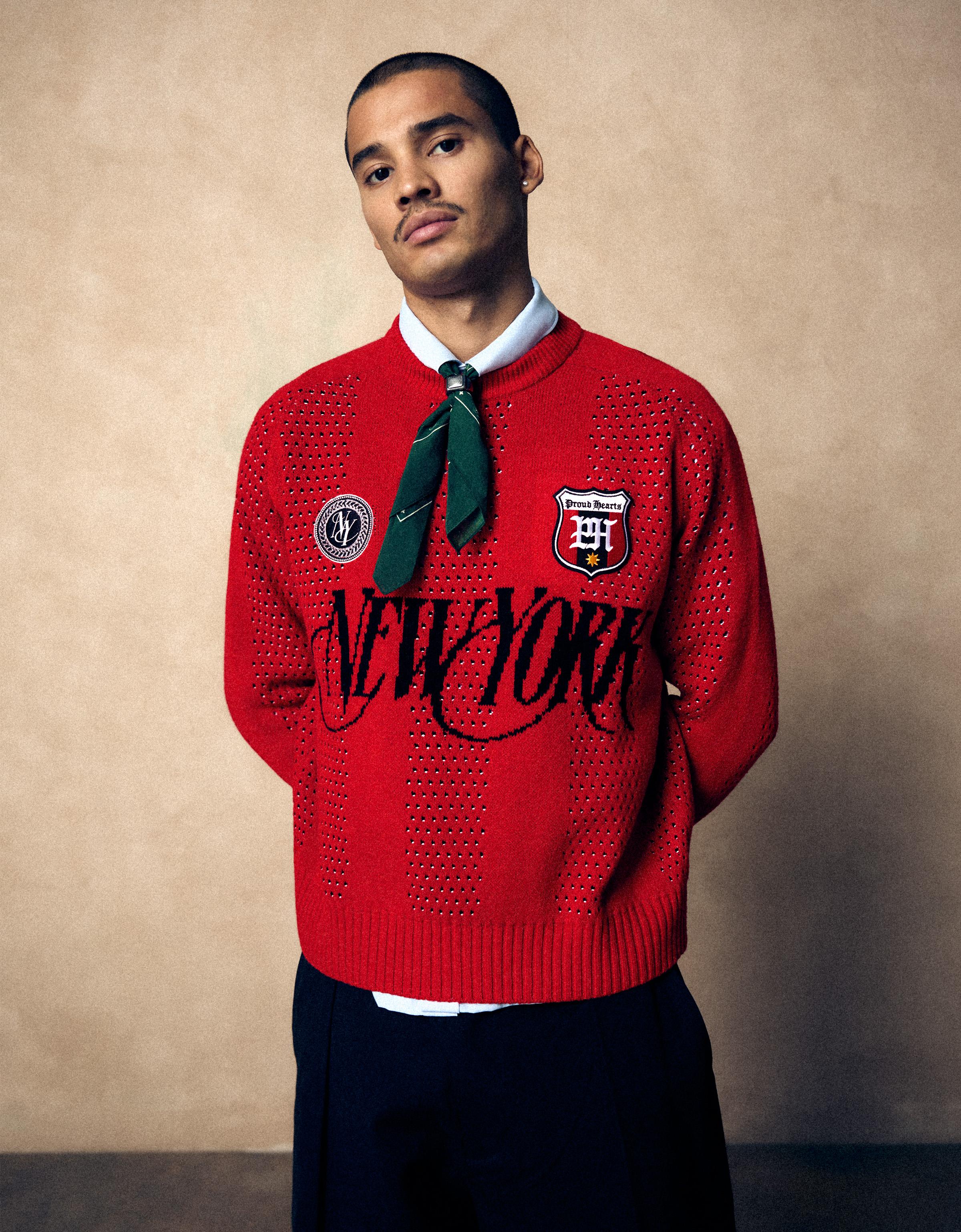Mesh patch round neck jumper — Red