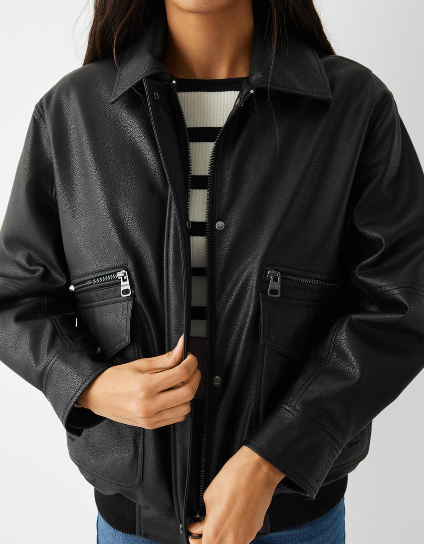 Leather effect oversize dad fit jacket-Black