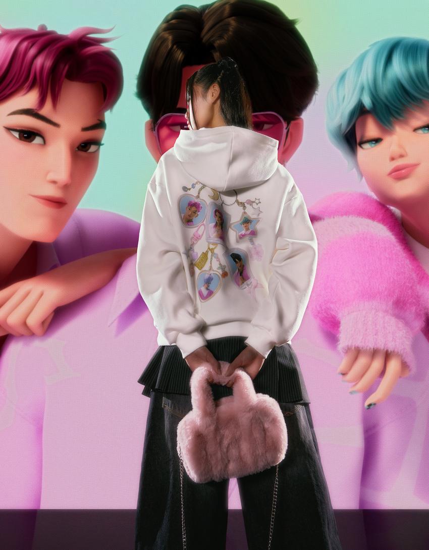 KPop Demon Hunters Huntr/x kapüşonlu baskılı sweatshirt-Krem