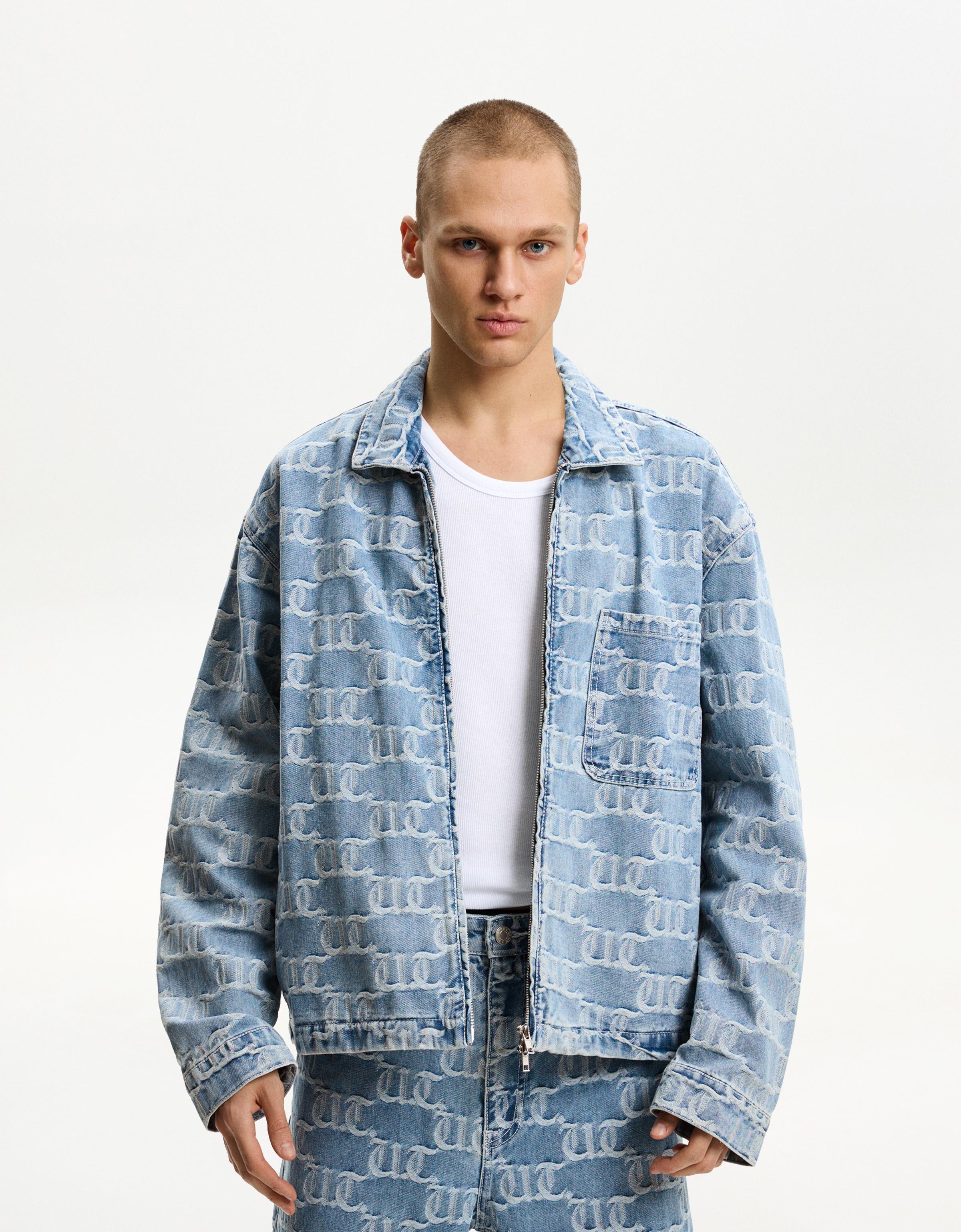 Bershka Jeans-Hemdjacke Mit Reißverschluss Und Jacquardmuster Herren S Hellblau