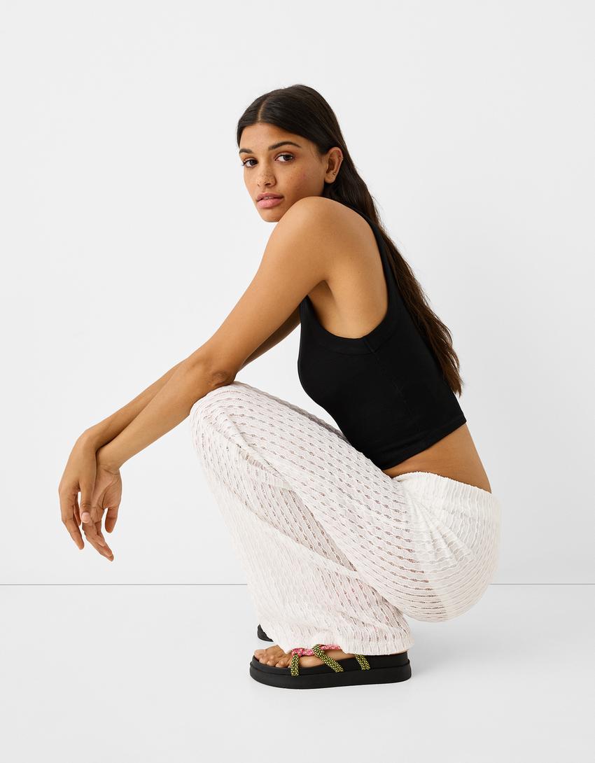 Textured rustic wide-leg trousers-Off white-3