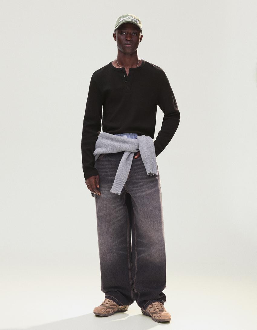 Slim fit long sleeve henley T-shirt-Black