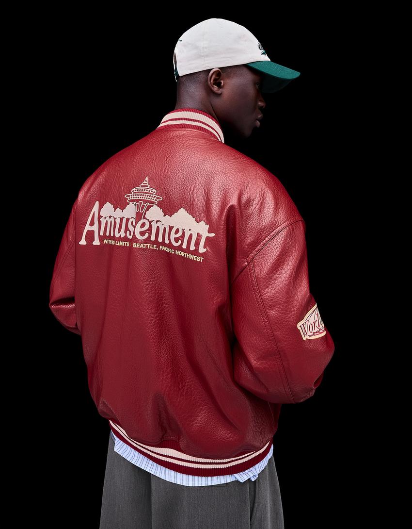 Printed leather effect bomber jacket-Red