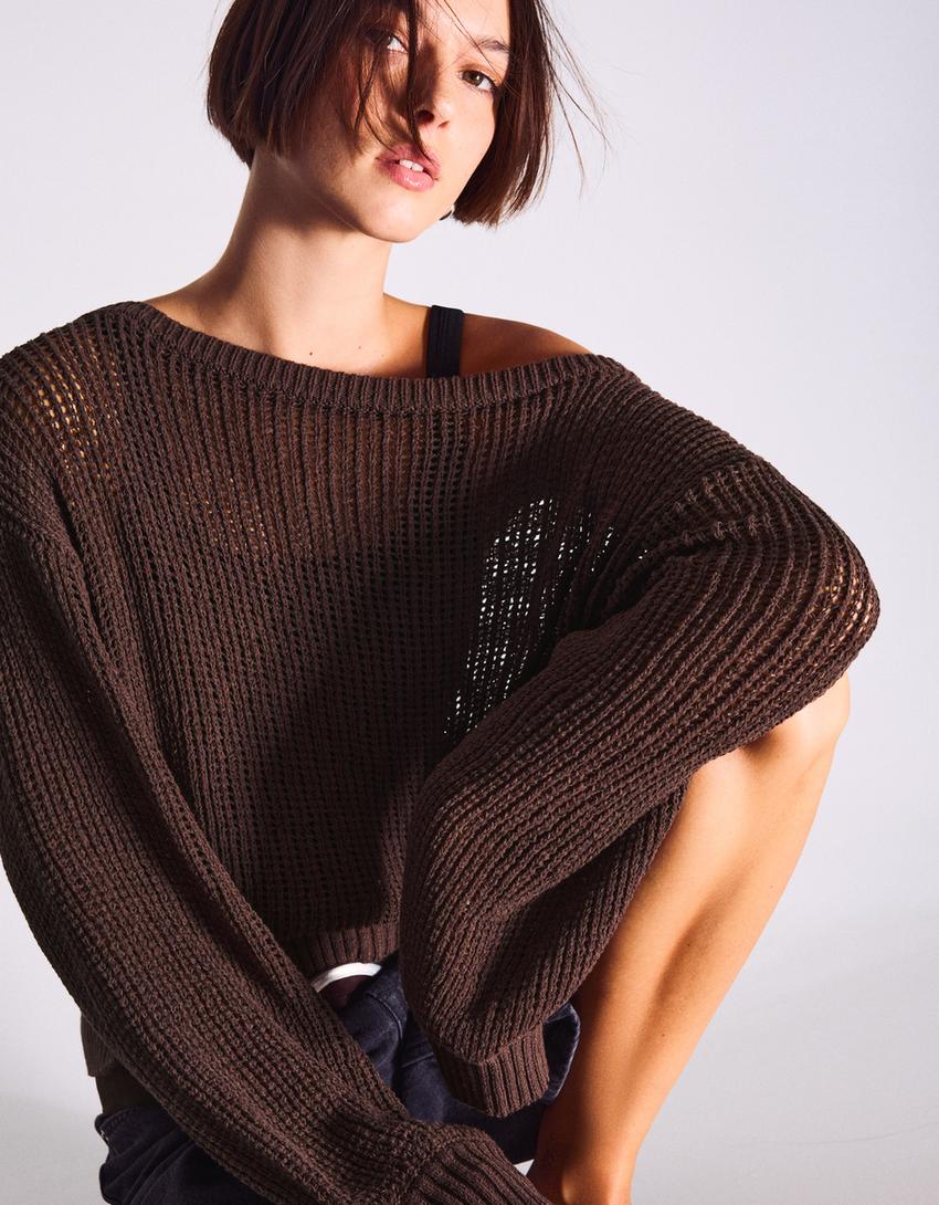 Rustic openwork sweater-Brown