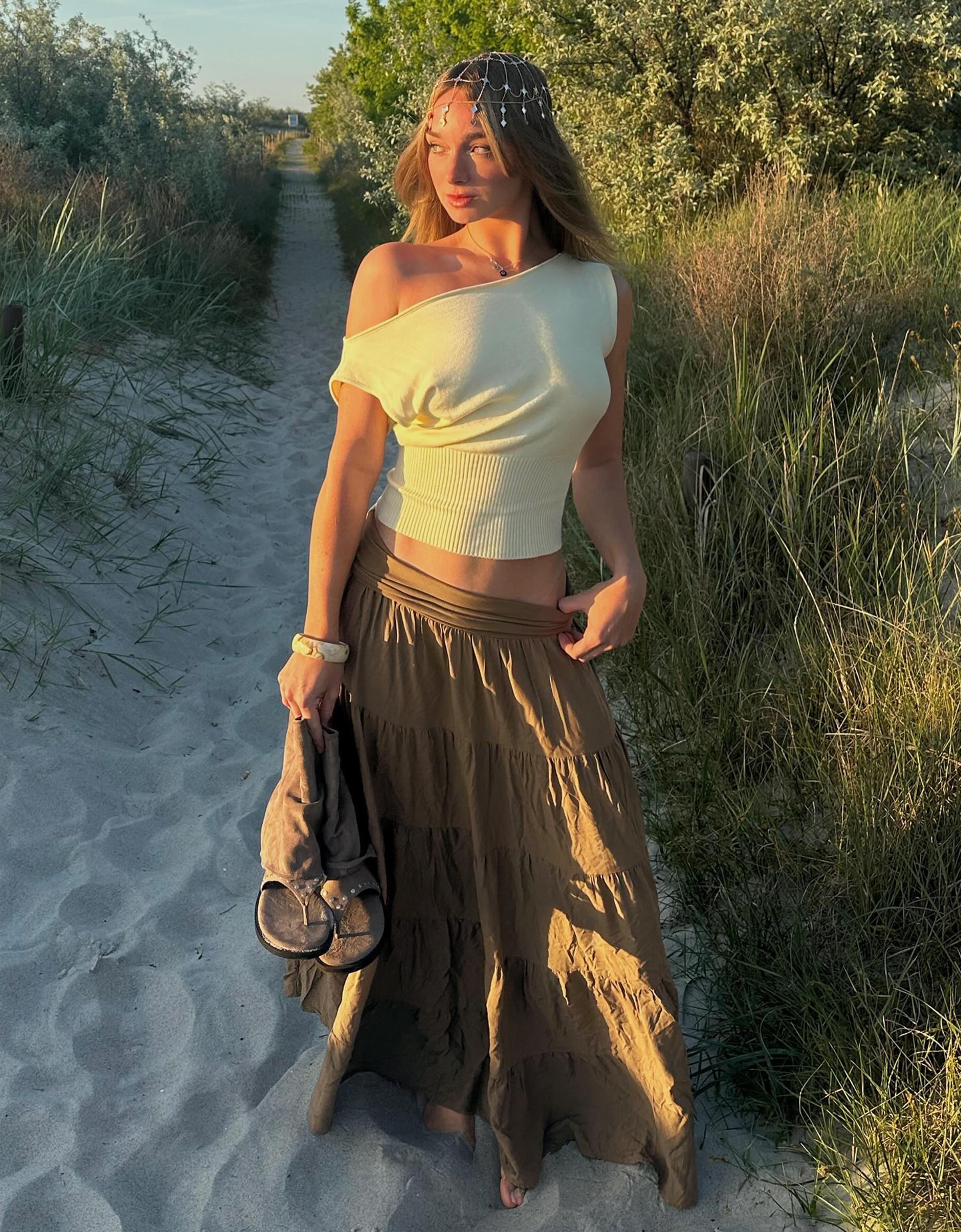 Fold-over waist midi skirt — Khaki