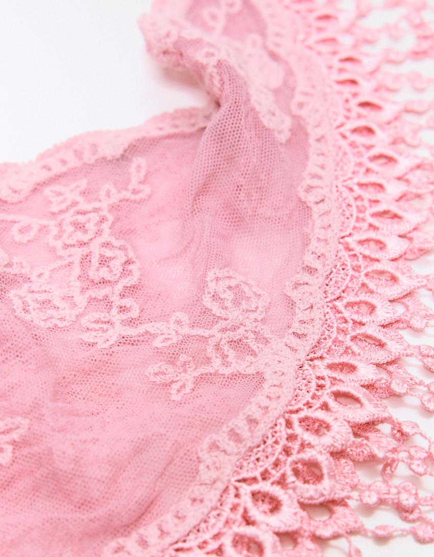 Dantelli ve püsküllü üçgen bandana-Pembe