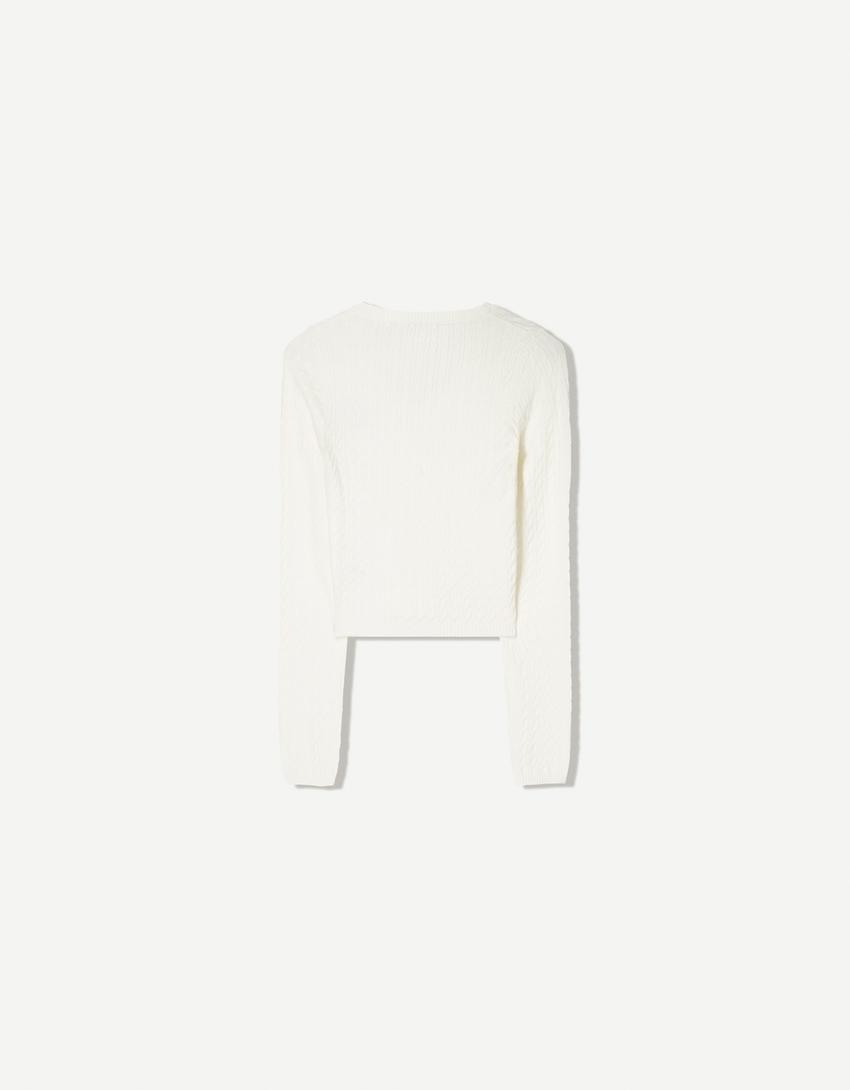 Embroidered cable-knit sweater-Cream