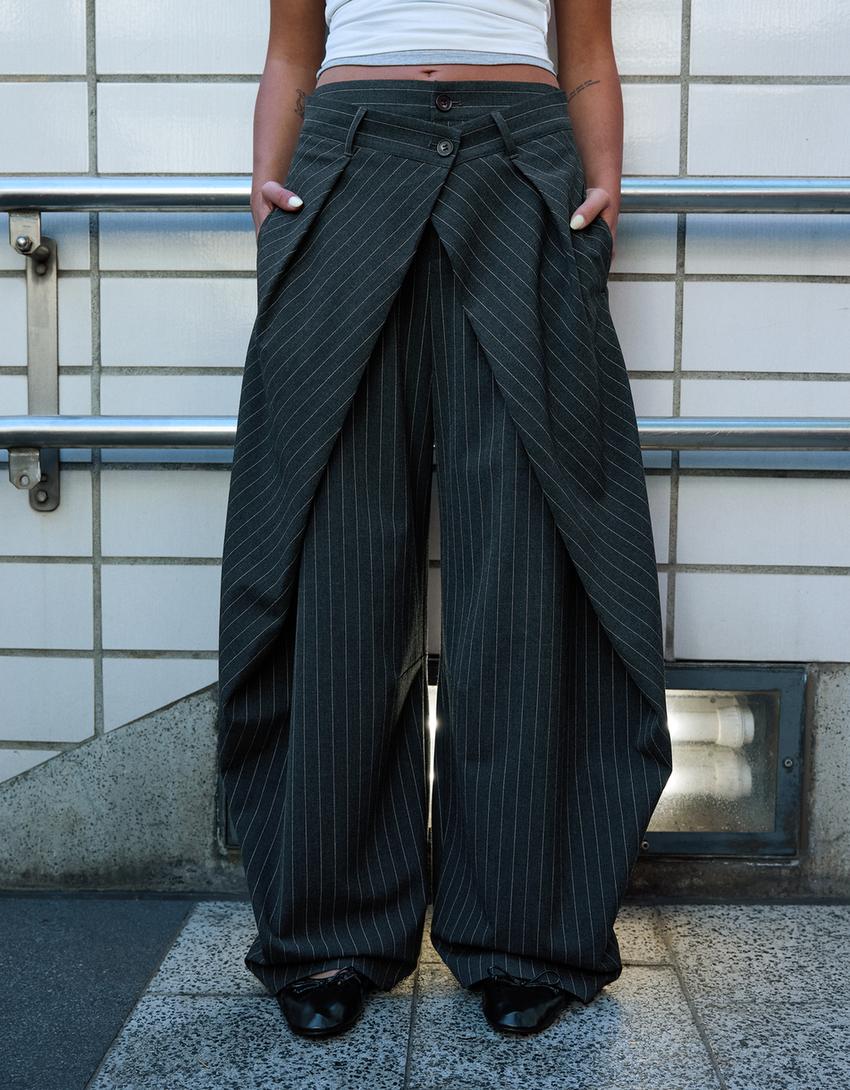 Pantalon à plis double bouton-Gris