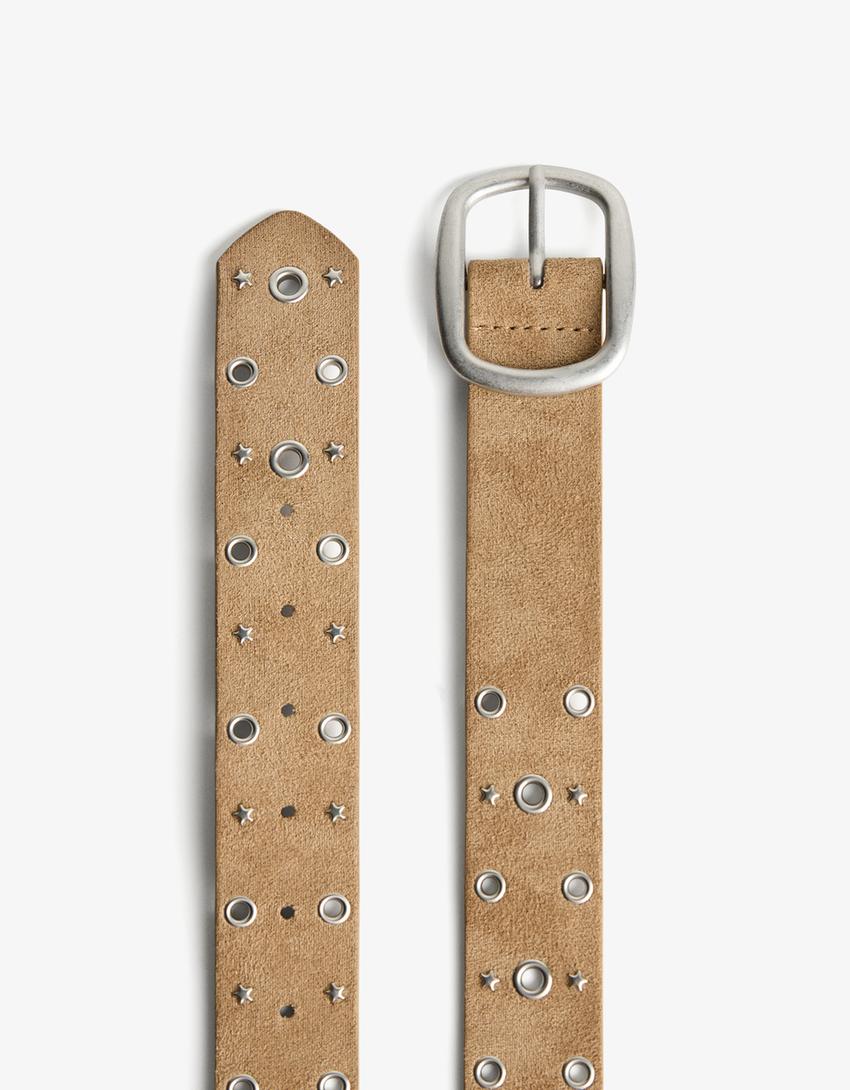 Ceinture suédine œillets-Camel-1