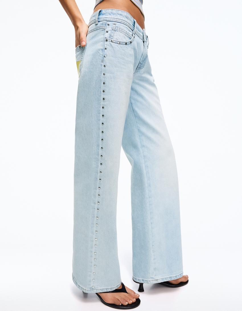 Düşük bel zımbalı baggy fit jean-Açık mavi