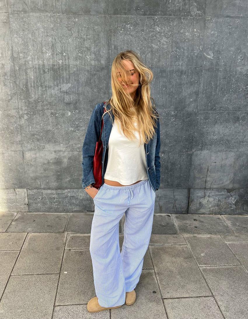 Straight-leg striped trousers with elasticated waist-Light blue-3