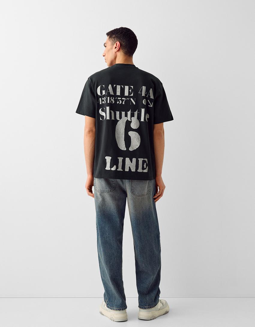 T-shirt boxy manches courtes imprimé-Noir-1