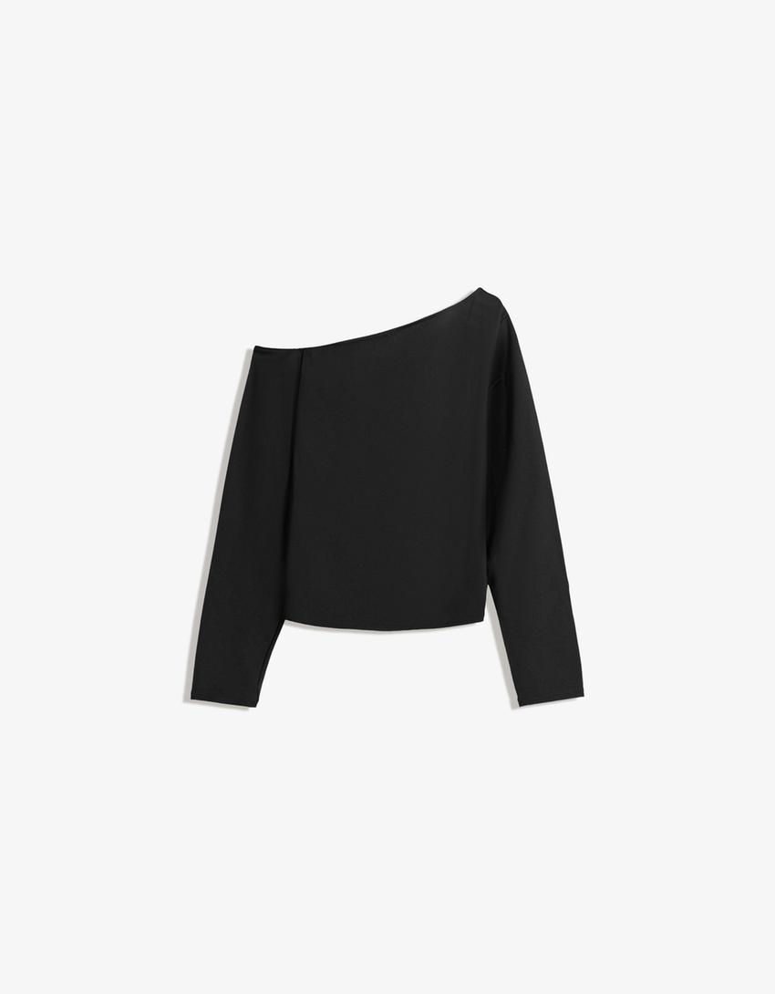 Langarmshirt mit asymmetrischem Kragen-Schwarz