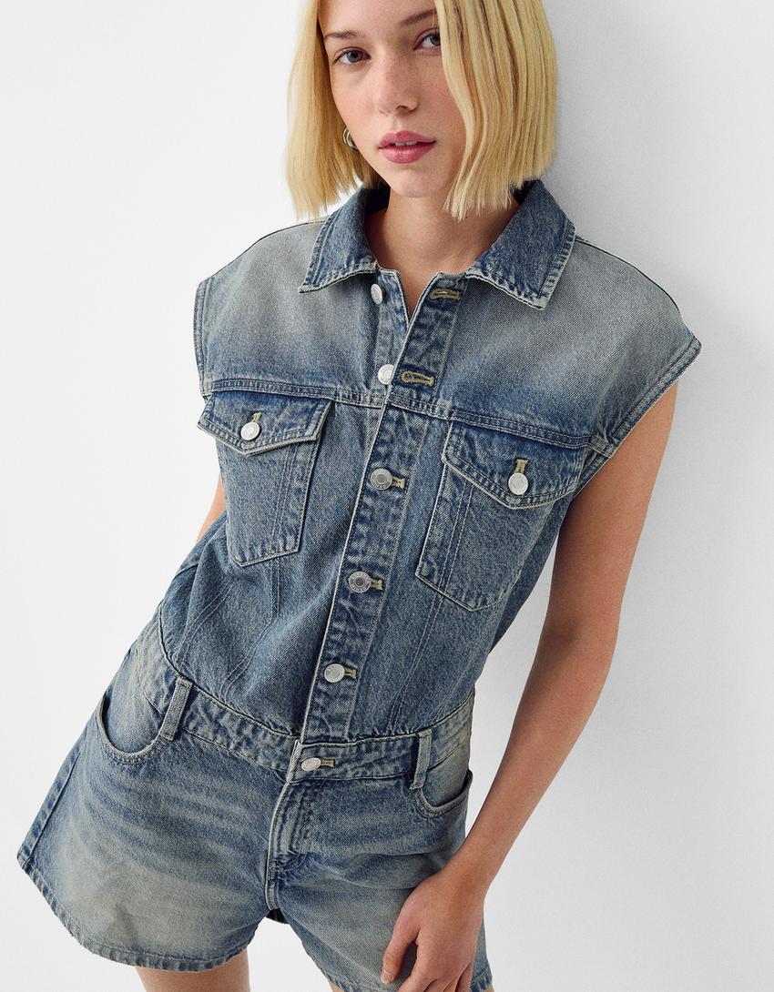 אוברול ג'ינס קצר-כחול שטוף-5