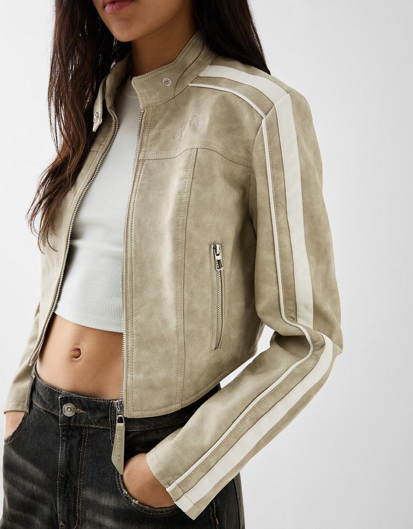 Faux leather jacket with side stripes-Sand