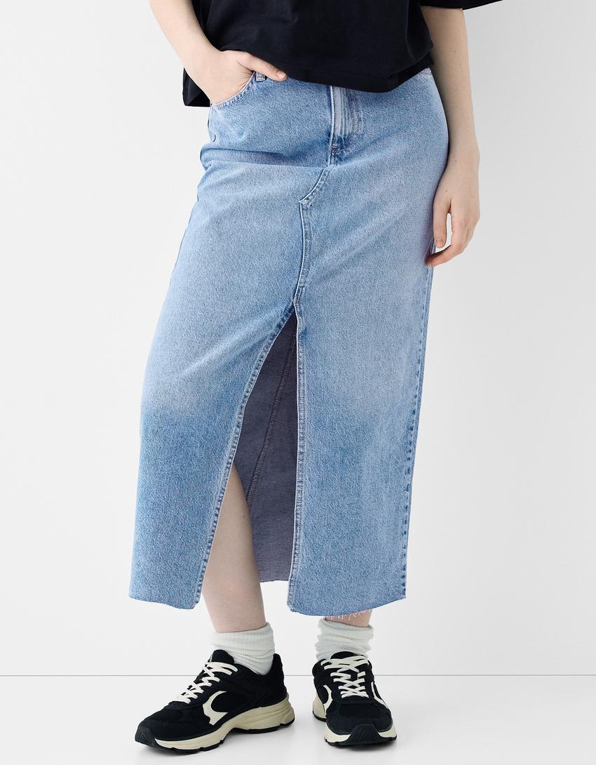 تنورة دنيم متوسطة الطول-أزرق فاتح-1