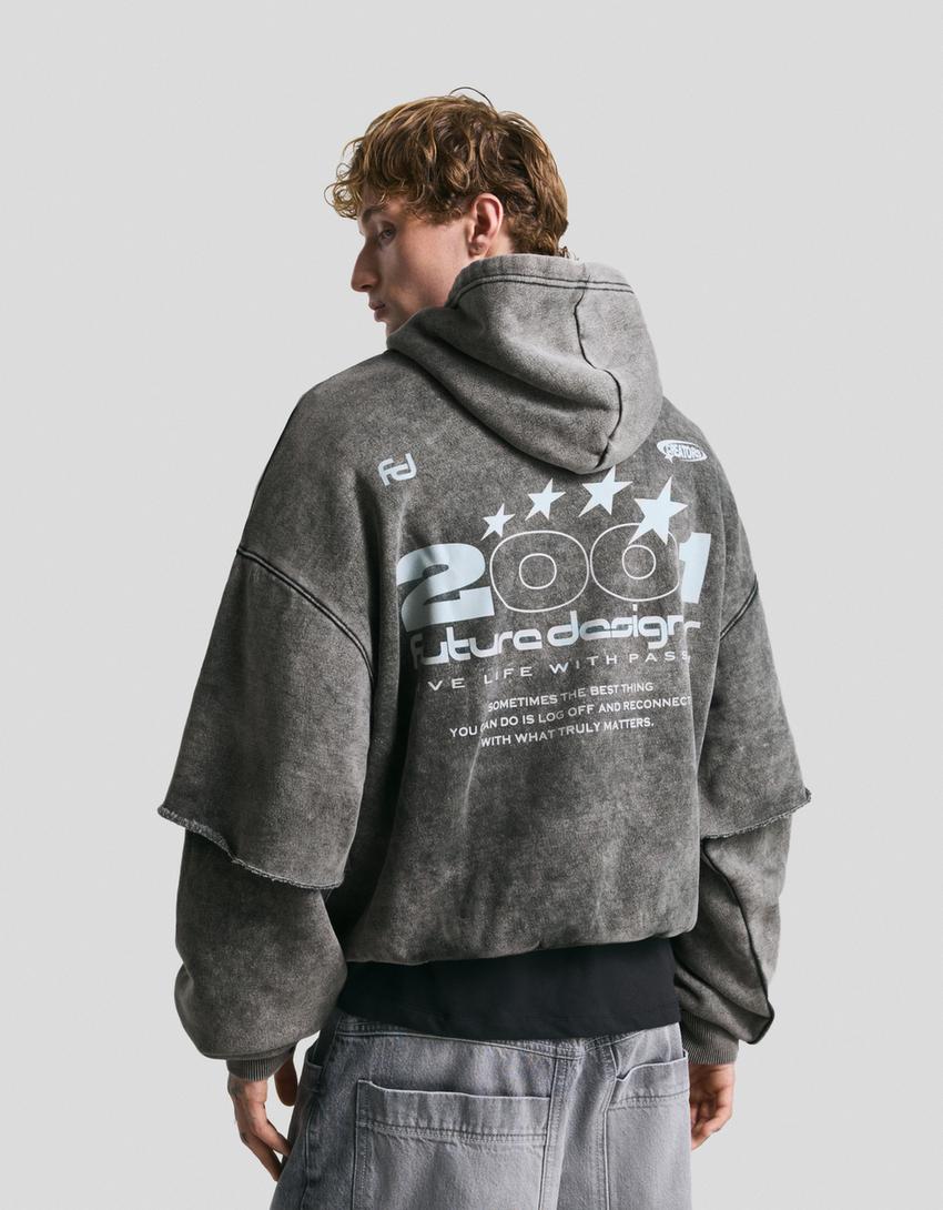 Double-sleeve print hoodie-Grey-1