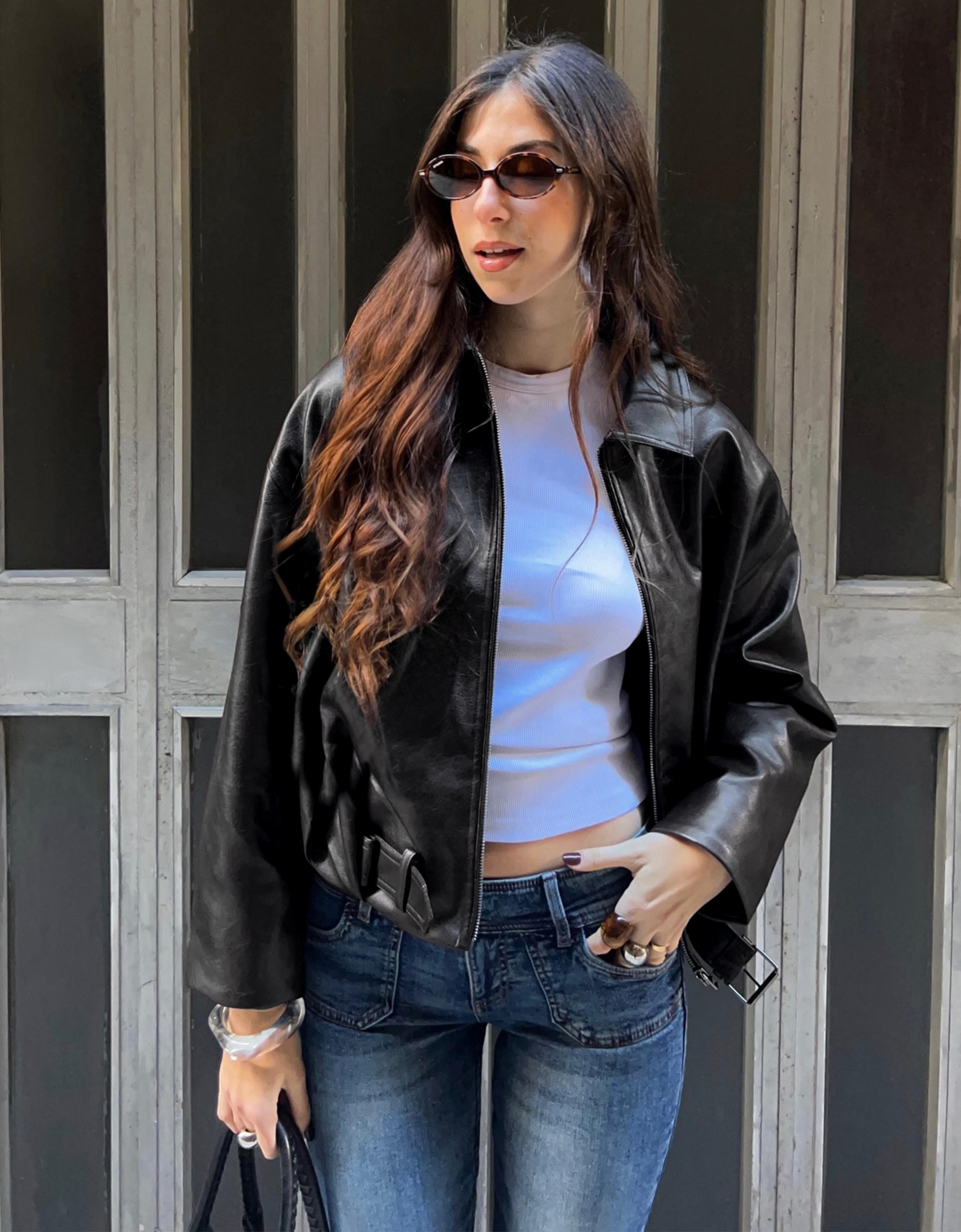 Leather effect bomber jacket with belt — Black