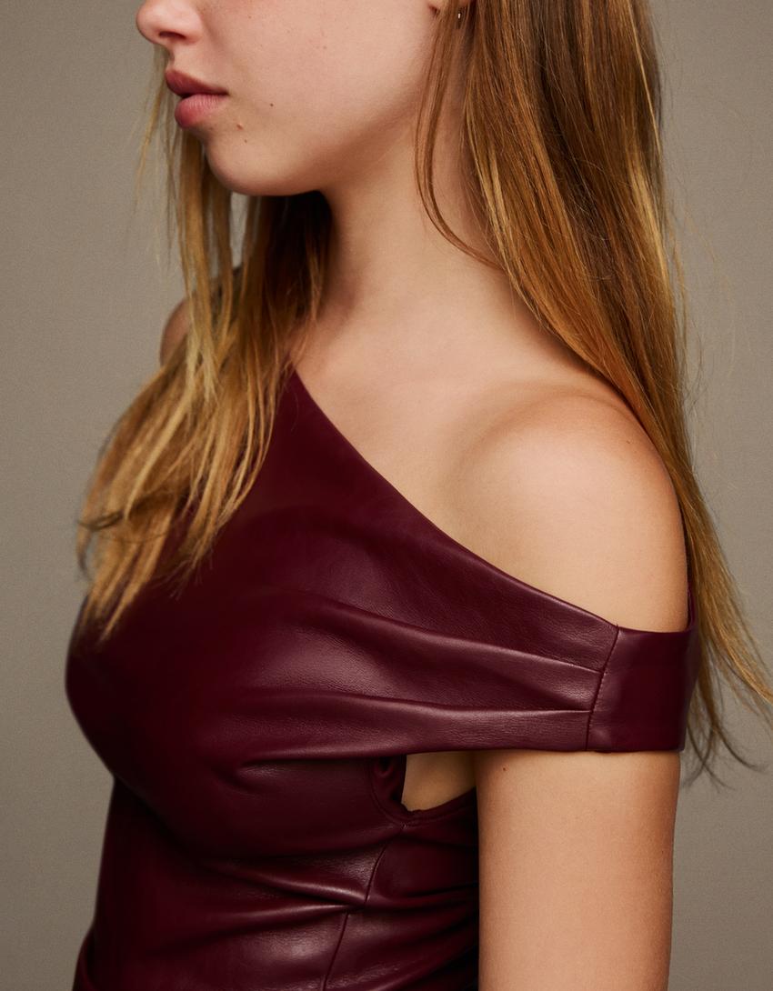 Asymmetric leather effect mini dress-Maroon