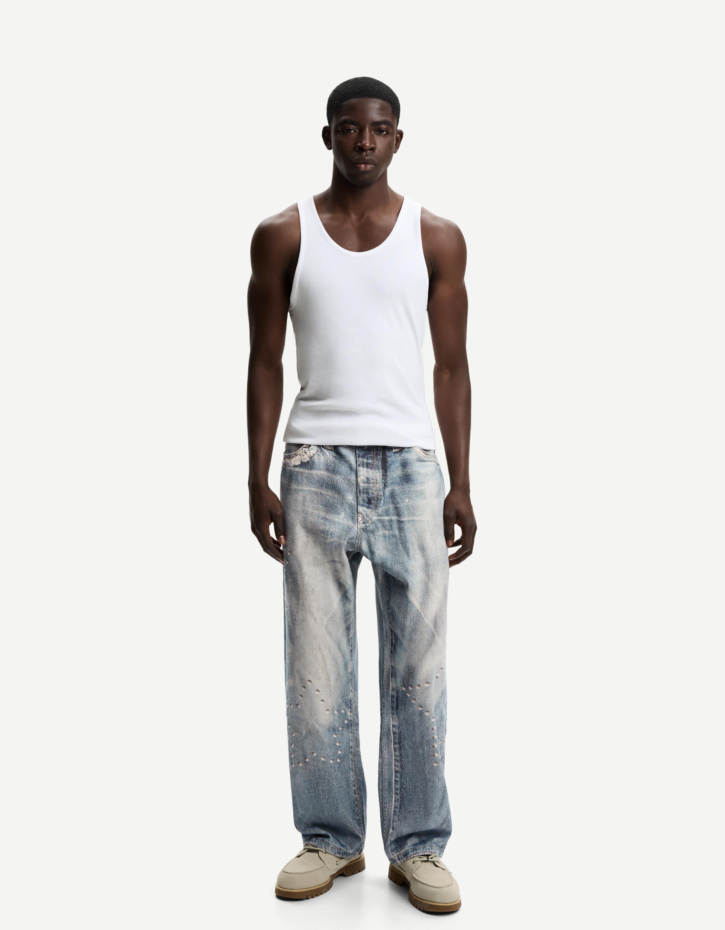 Bershka Baggy-Jeans Mit Print Herren 44 Ausgewaschenes Blau