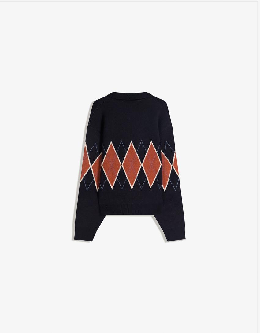 Printed polo collar sweater-Navy