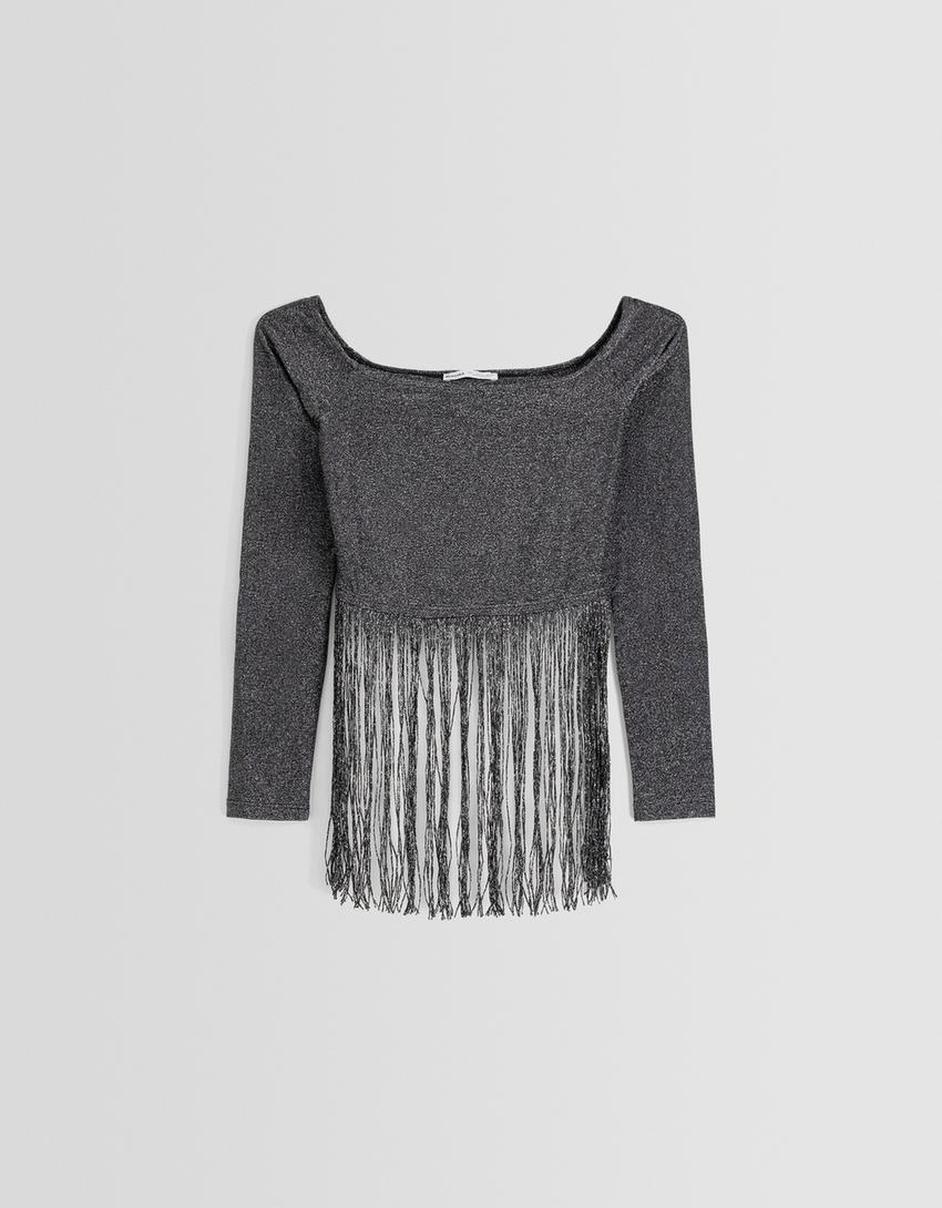 T-shirt manches longues bardot brillants franges-Noir-5