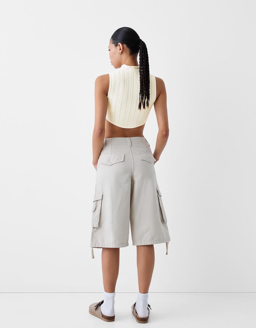 Sleeveless cable-knit top with high neck-Cream-1