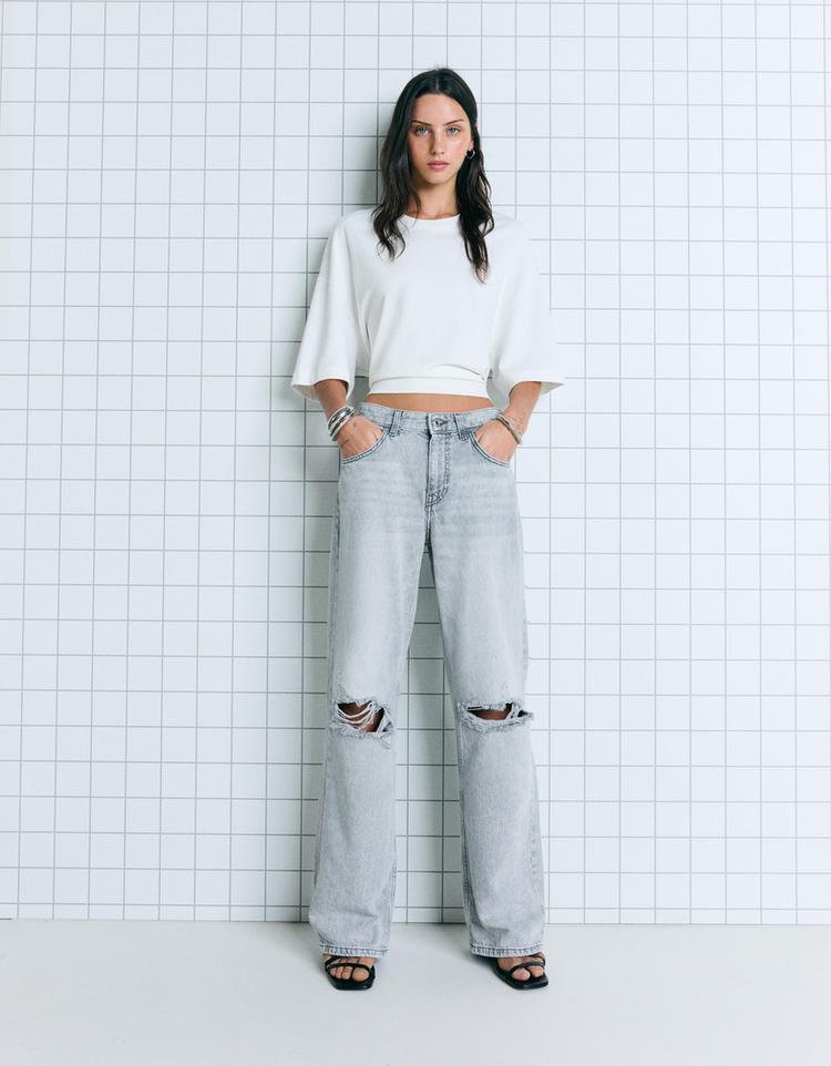 Distressed geniş paça jean