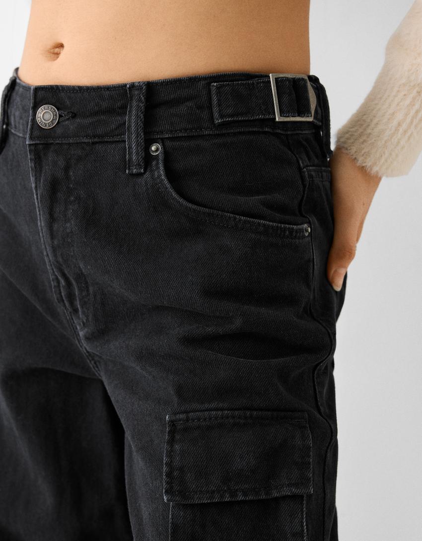 Multi-pocket cargo jeans-Black-5