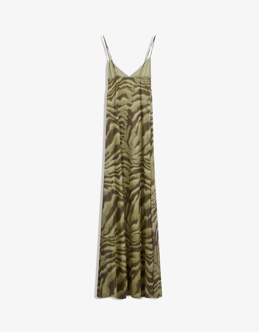Vestito midi spalline stampa animalier-Verde-4