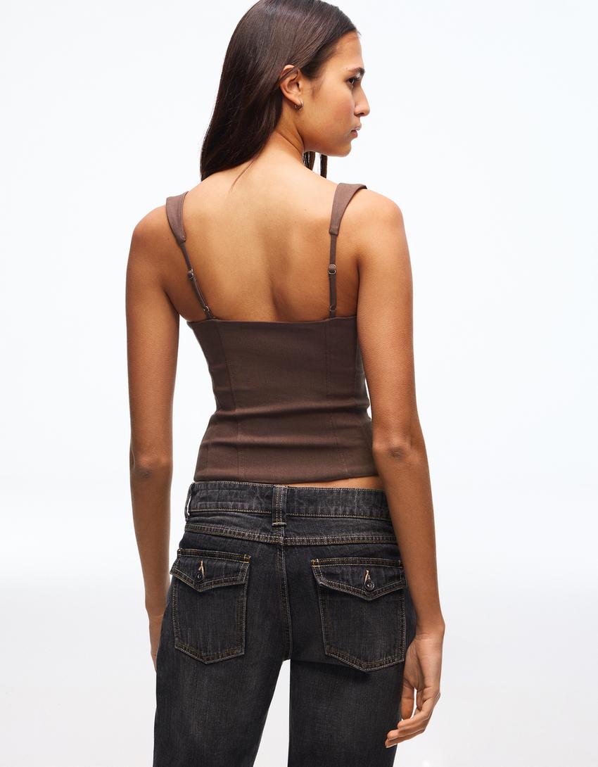 Corsetry-inspired bengaline top-Brown