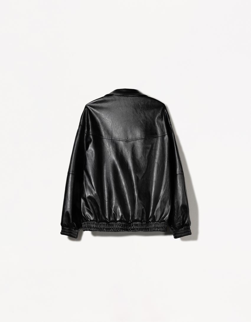 Geacă oversize din imitație de piele-Negru-4