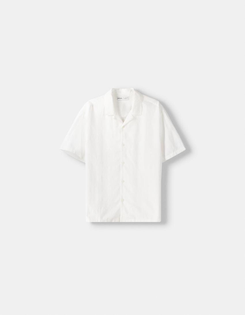 قميص قطني بأكمام قصيرة وملمس بارز-أبيض مطفي-4