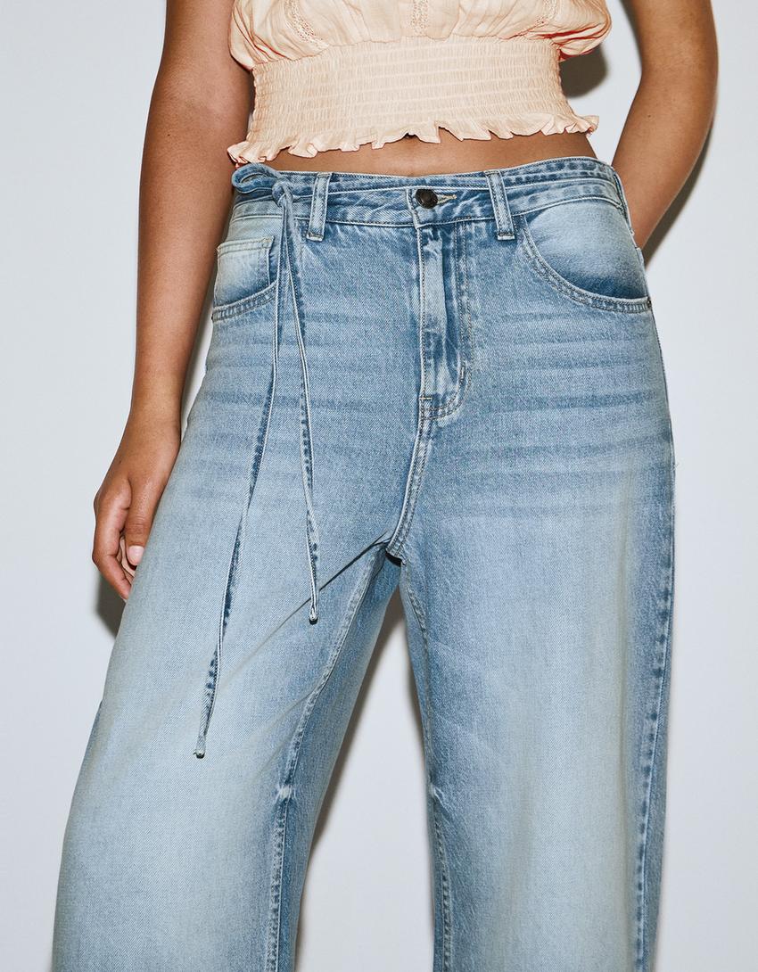 Jeans barrel fit taille élastique-Bleu lavé