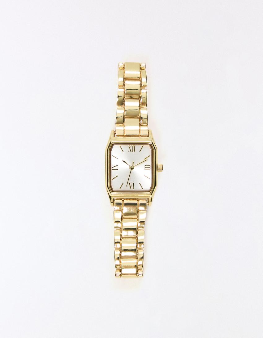 Rectangular dial wrist watch-Gold