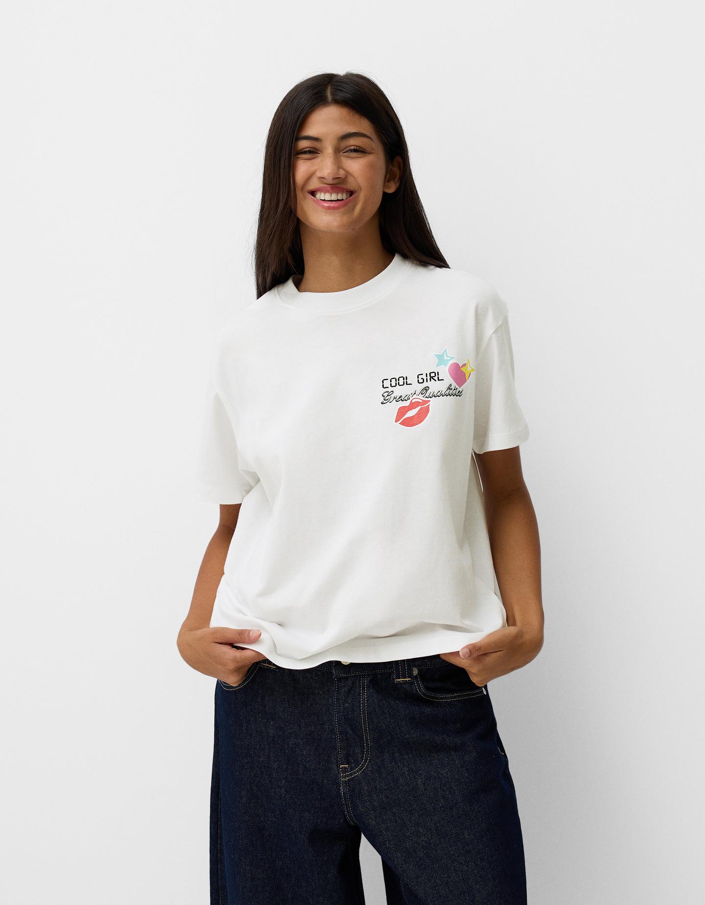 Bershka Camiseta Manga Corta Print Mujer S Crudo