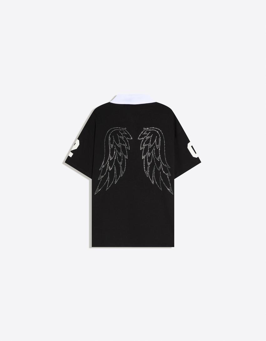 Camiseta cuello polo print strass-Negro
