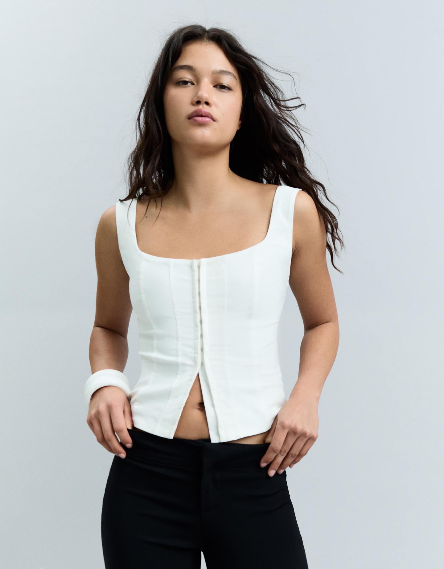 Bershka top typu gorset z bengaliny biały