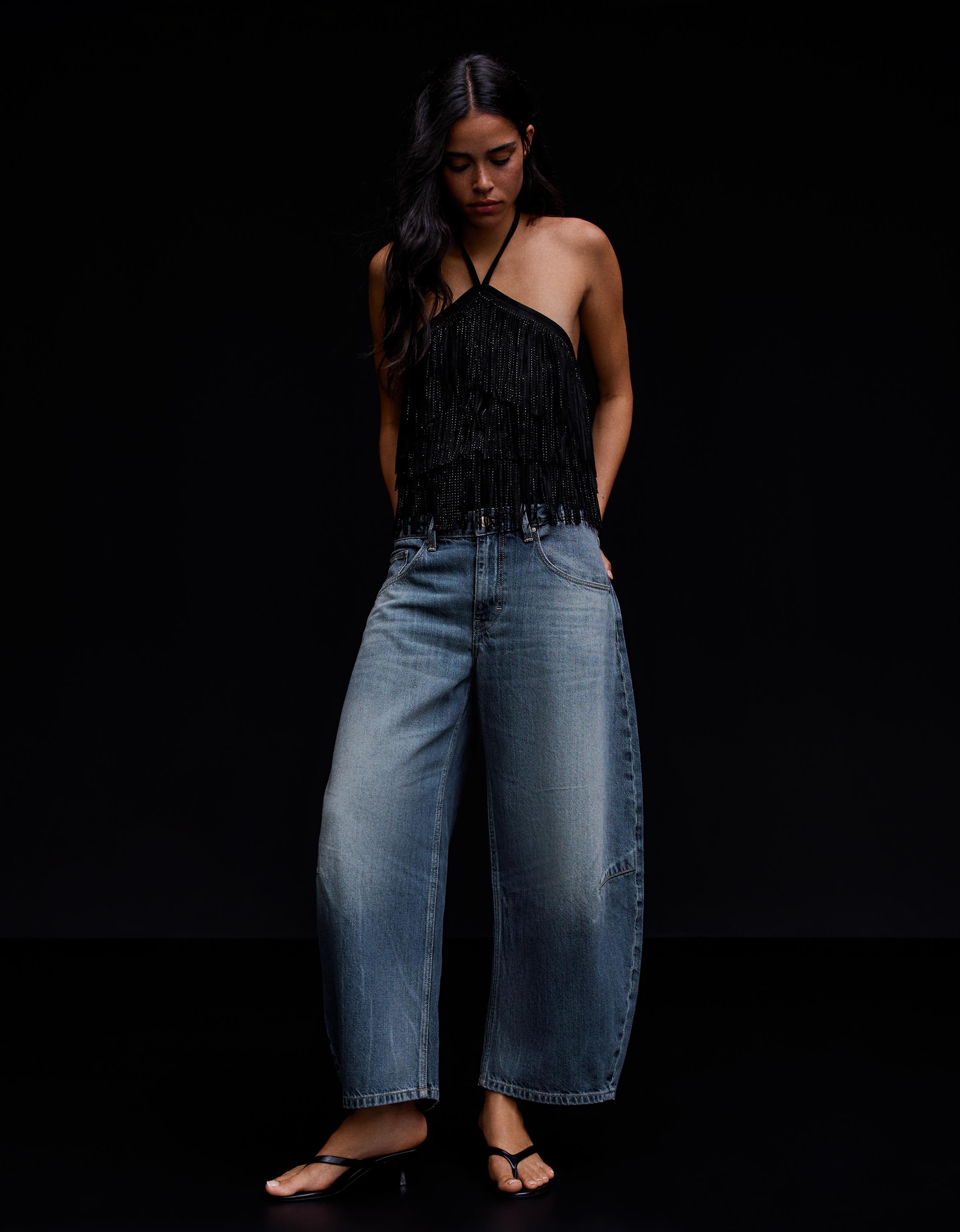 Bershka Jeans Barrel Cropped Mujer Azul Lavado