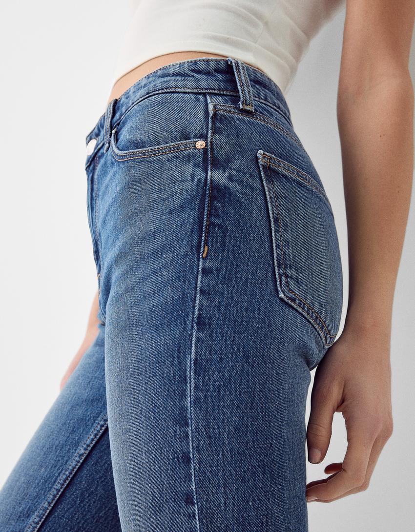 جينز جرسي مريح بفتحة في الطرف السفلي-أزرق-5