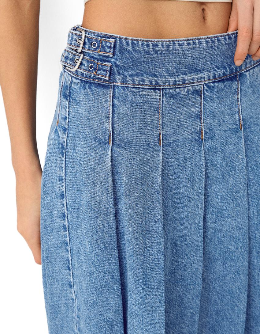 Jupe-culotte denim midi plissée-Bleu lavé-5