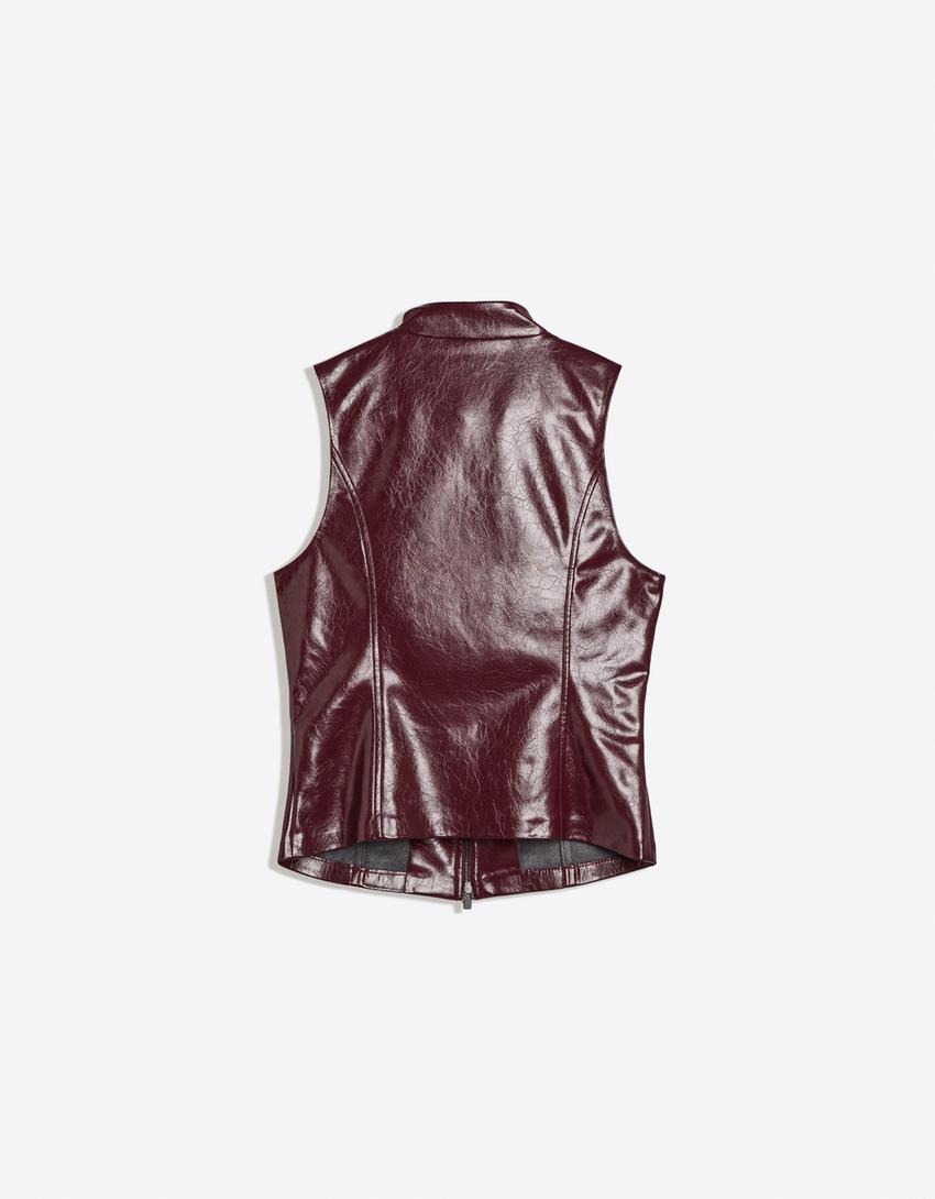 Leather-effect sleeveless high-neck top-Burgundy