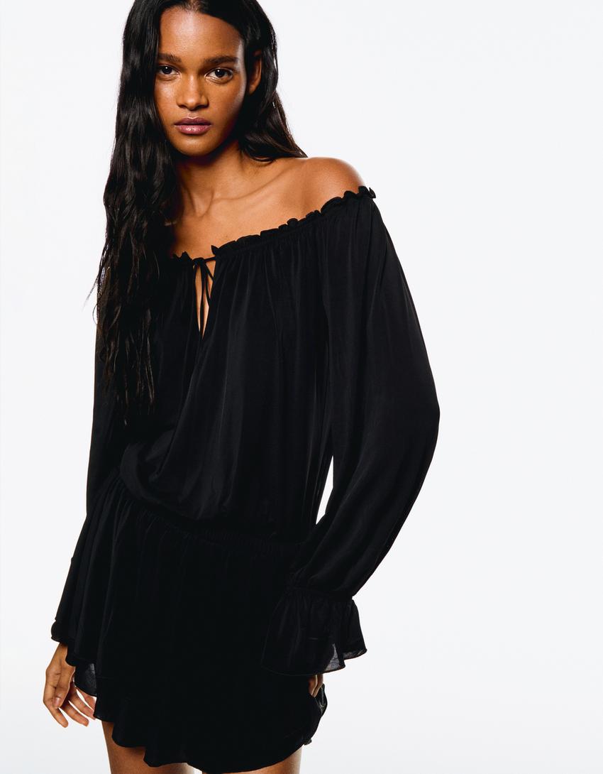 Vestido manga larga mini boho-Negro-2