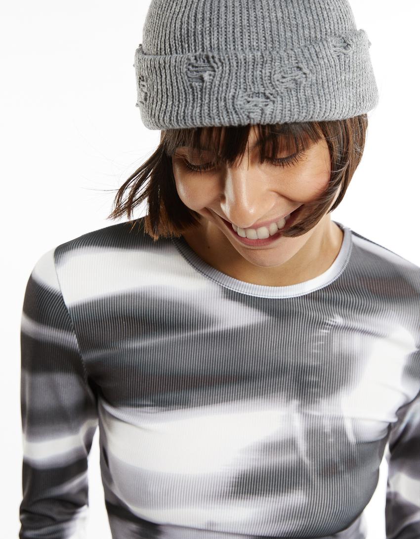 Printed ribbed long sleeve T-shirt-Grey-2