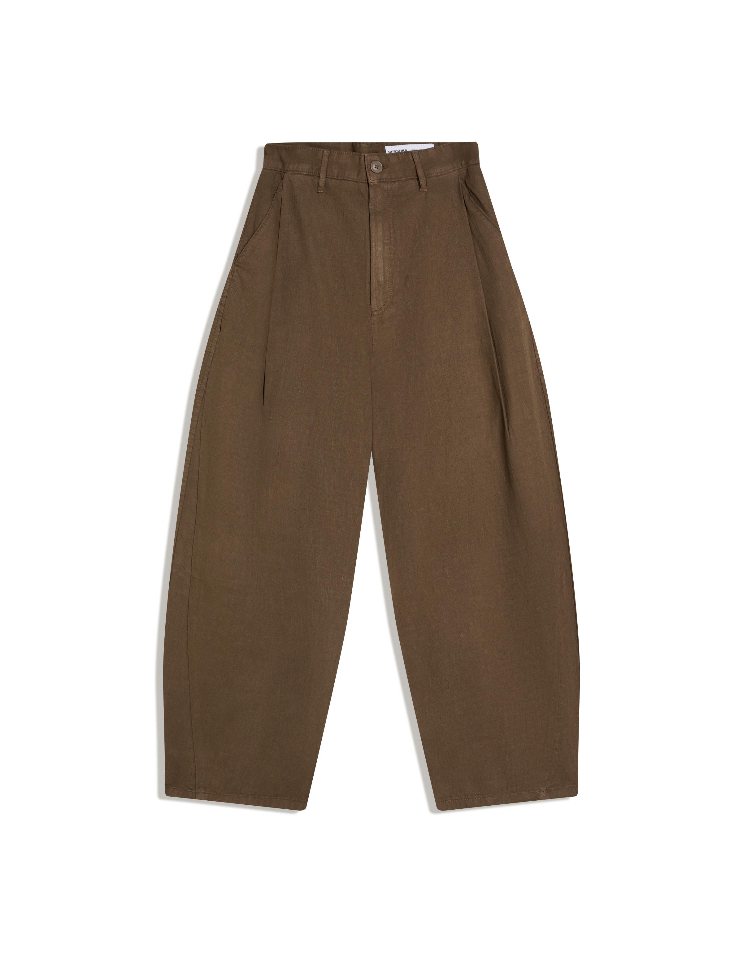 Bershka Ketenli super baggy fit pantolon görsel 7