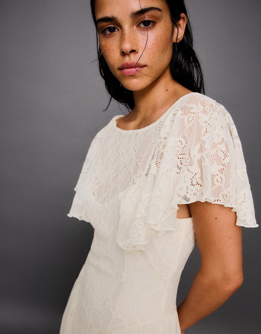 Cape sleeve midi dress-Cream
