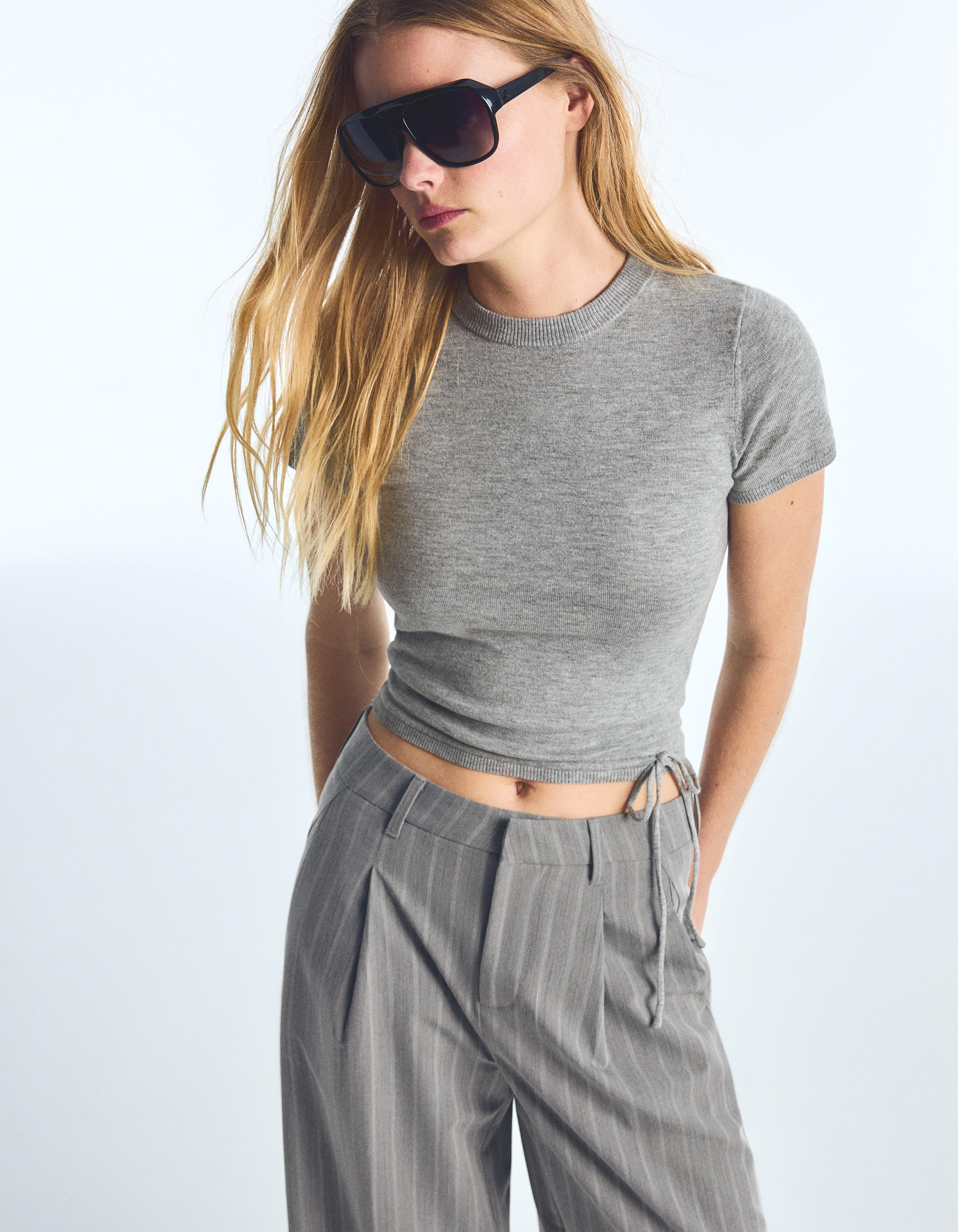 Bershka Jersey Punto Manga Corta Lazo Mujer Gris