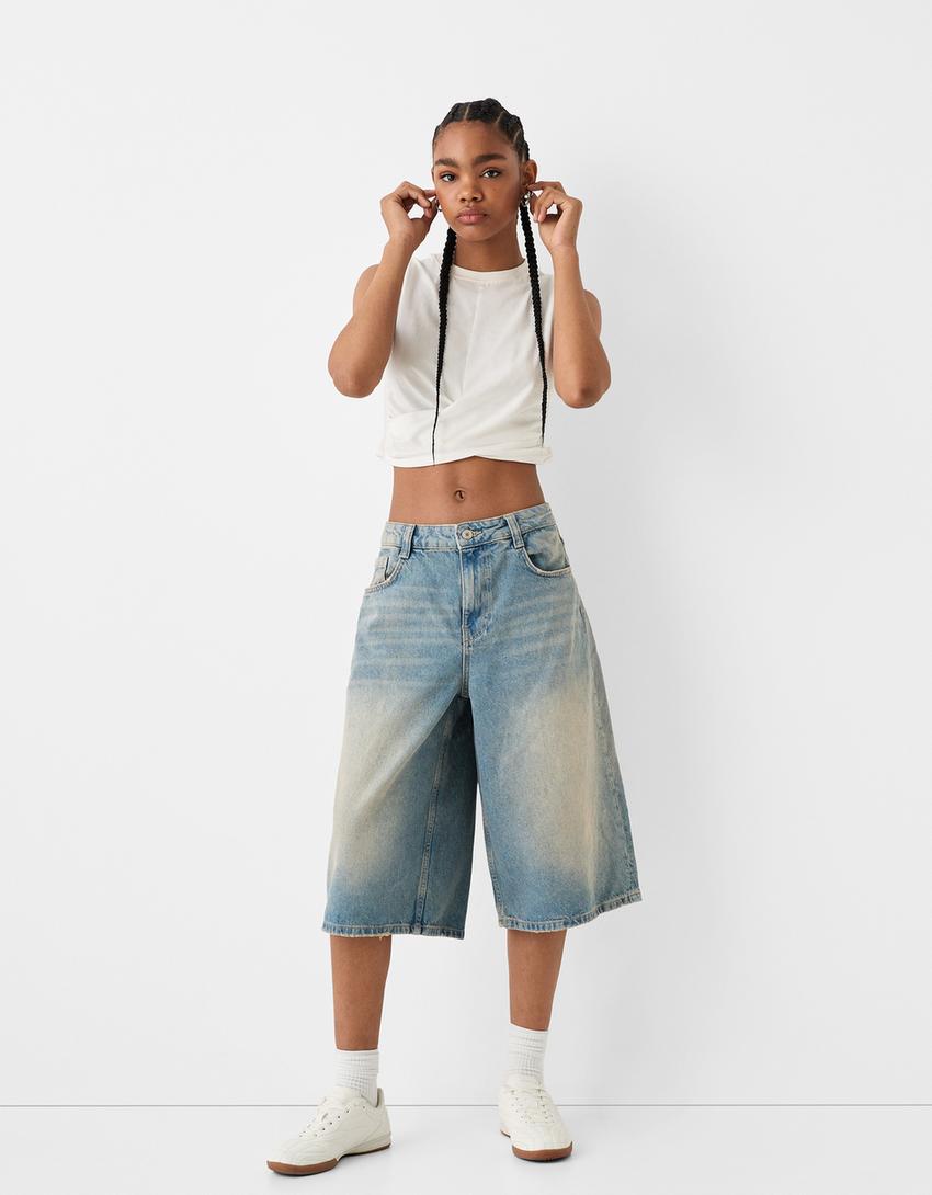Baggy denim Bermuda shorts-Washed out blue-1