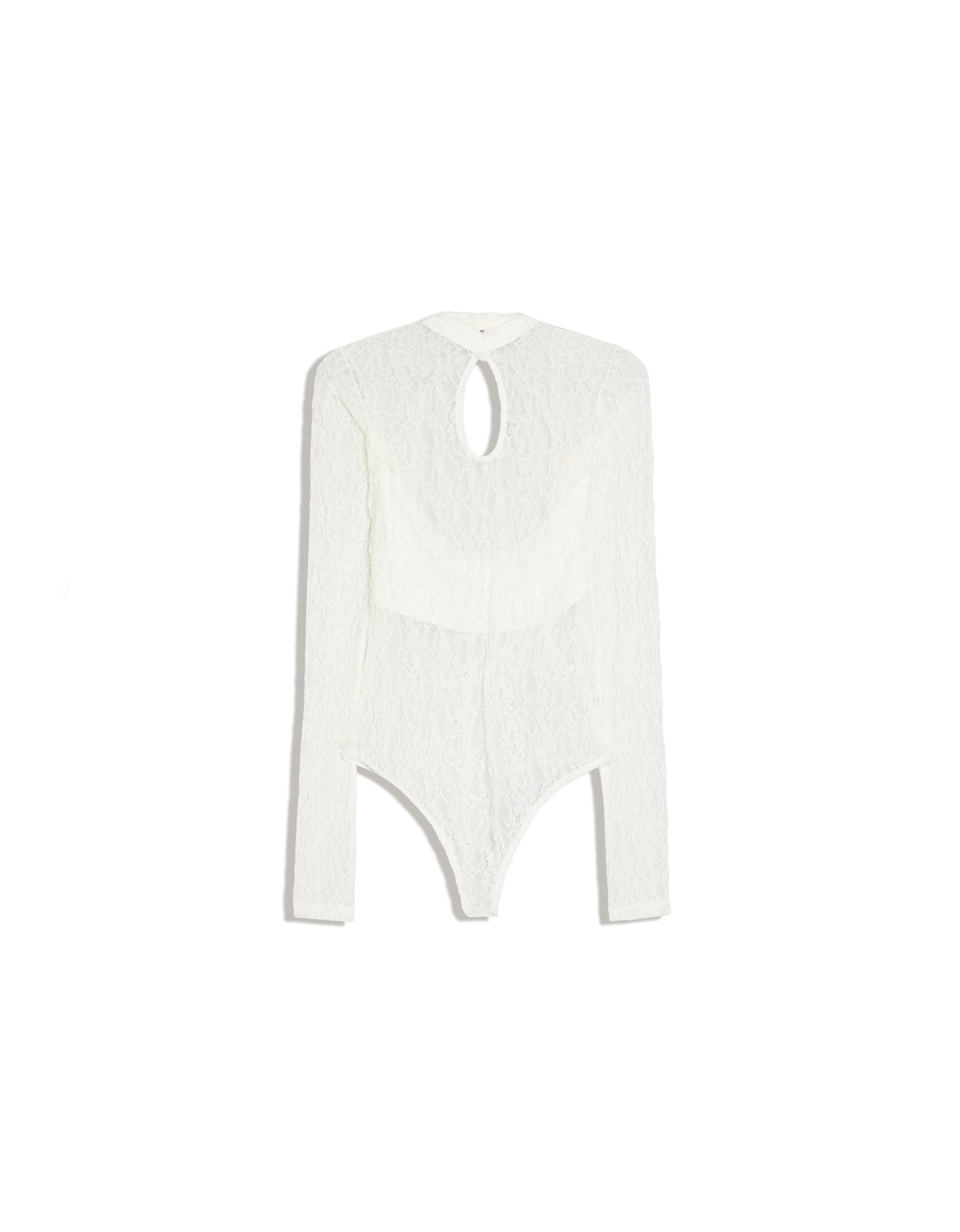 Long sleeve lace bodysuit with split neckline — Off white